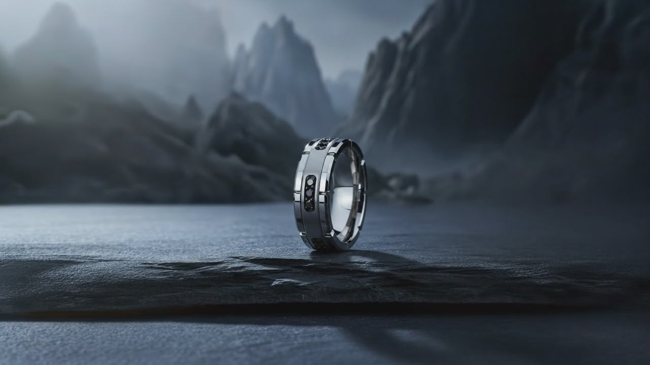 Aydins VALOR | Silver Tungsten Ring, Silver Inlay & Black Diamonds cinematic showcase video, slate stone mountain aesthetic