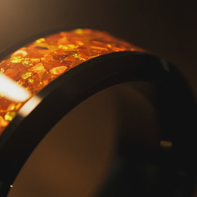 DRAGON | Polished Black Tungsten Orange Fire-Opal Domed Wedding Ring 8mm — cinematic product Reel