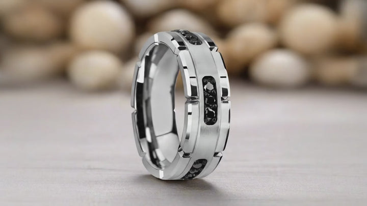 VALOR Silver Tungsten Ring with Black Diamond Inlay - Aydins Jewelry