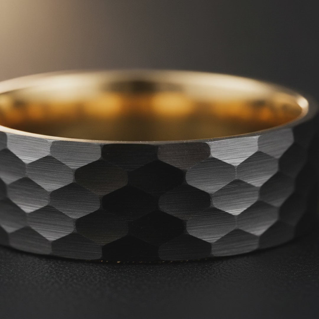 KNOX | Gold Tungsten Ring with Black Hammered Center — cinematic product Reel