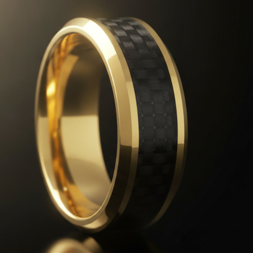 GILDWING | Polished Yellow Gold Tungsten Forged Carbon Fiber Beveled Ring 8mm — cinematic product Reel