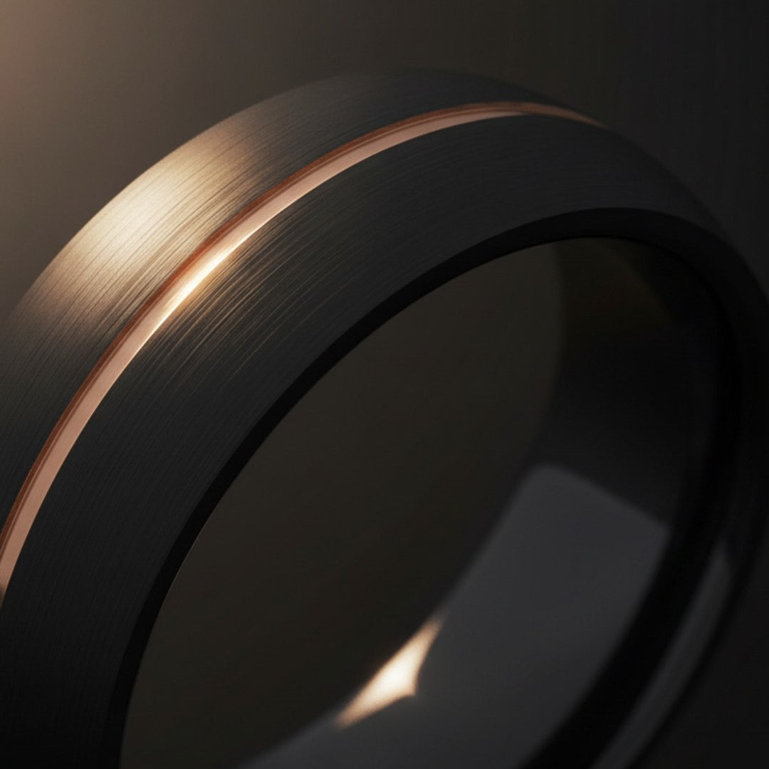 EXHOLM | Black Ring, Black Tungsten Ring, Rose Gold Groove, Domed cinematic product Reel