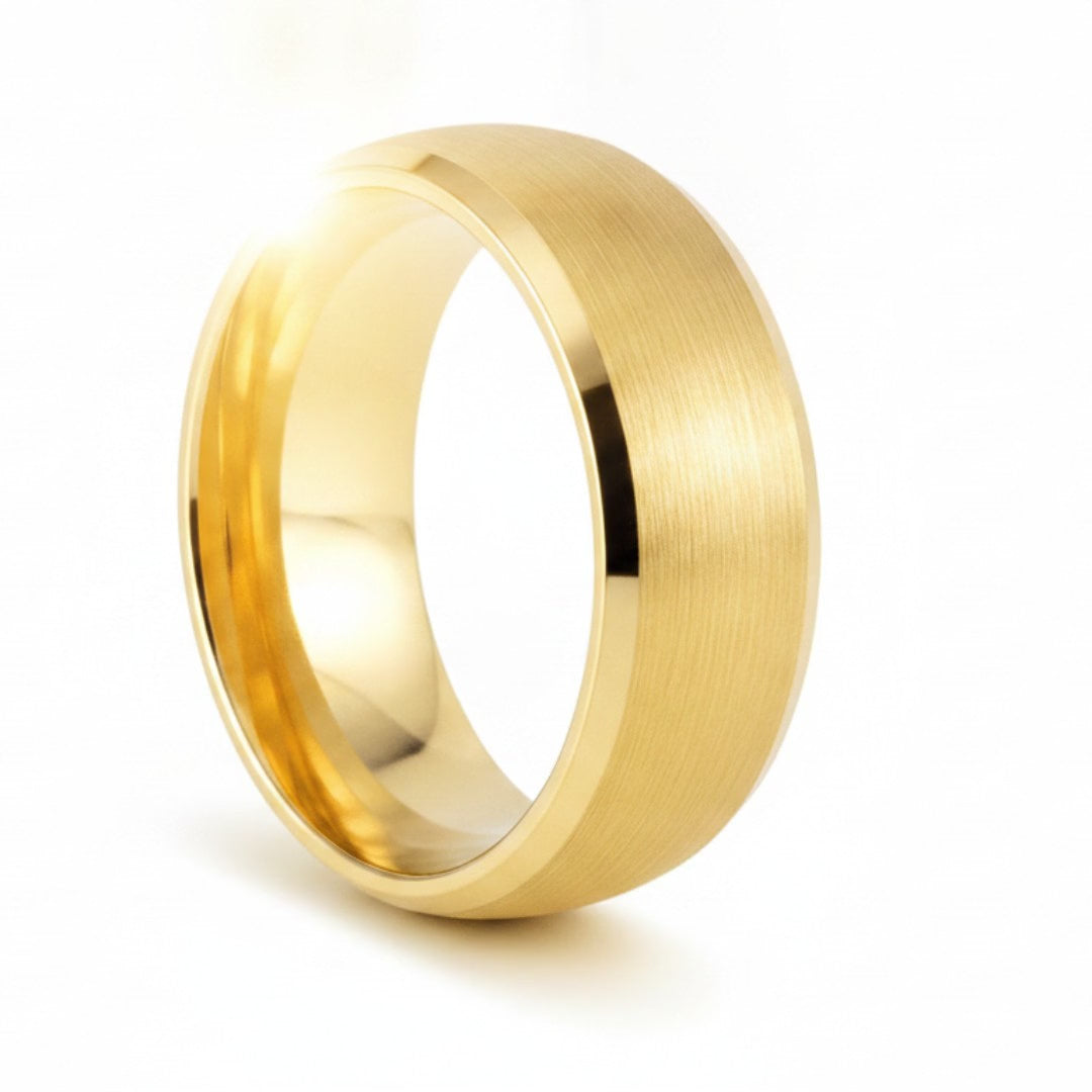 RADIANCE | Yellow Gold Tungsten Brushed Domed Center Beveled Edge Wedding Ring 8mm cinematic product Reel