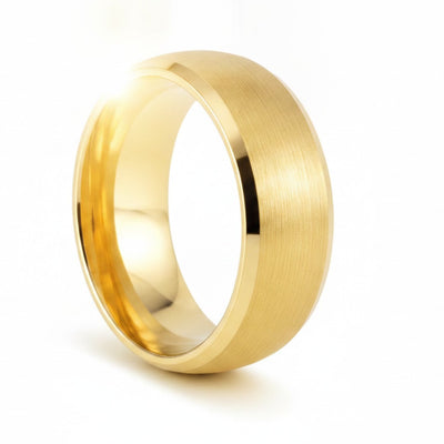 RADIANCE | Yellow Gold Tungsten Brushed Domed Center Beveled Edge Wedding Ring 8mm cinematic product Reel