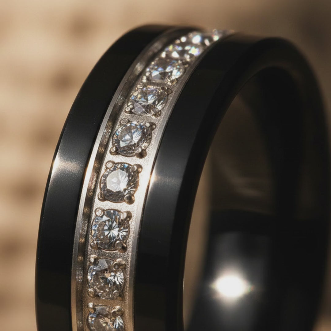 LEPORIS | Black Tungsten Ring, Diamond Stimulant CZ Eternity, Flat — cinematic product Reel