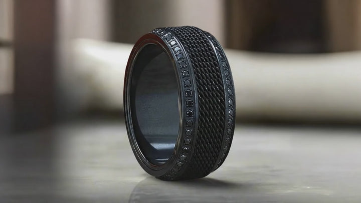 Men’s black titanium wedding band with steel chain design and black diamonds – Aydins Jewelry