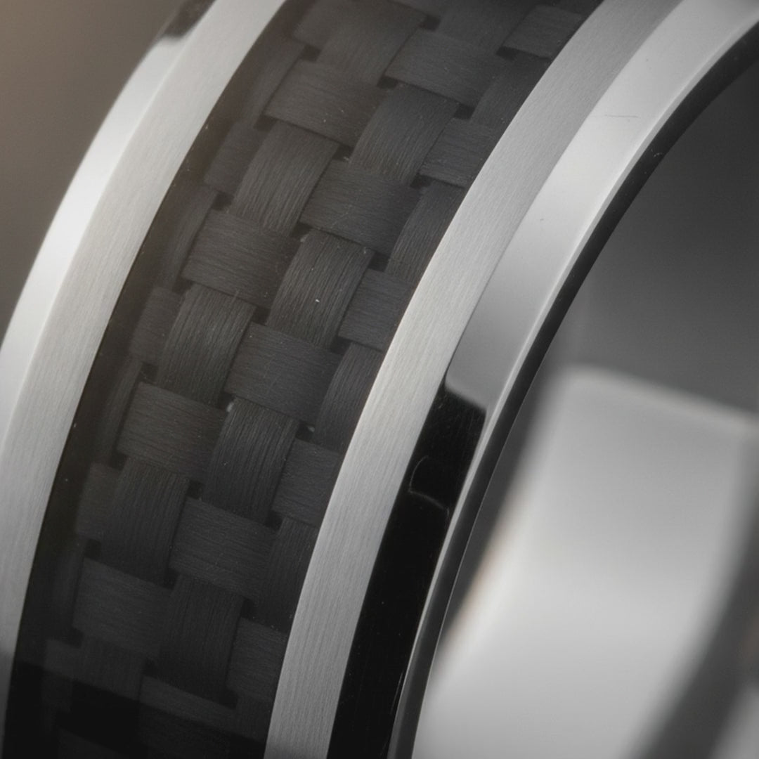 HERALD | Silver Tungsten Black Carbon Fiber Inlay Wedding Ring - 6mm & 8mm — cinematic product Reel