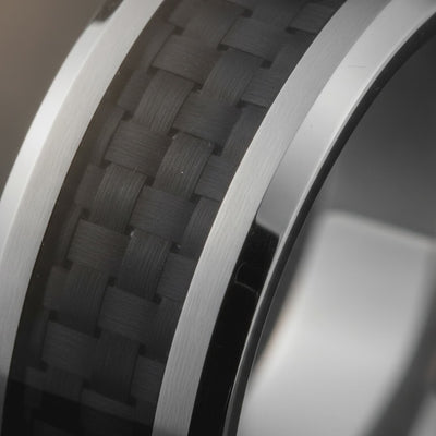 HERALD | Silver Tungsten Black Carbon Fiber Inlay Wedding Ring - 6mm & 8mm — cinematic product Reel