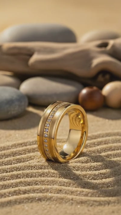 Aydins LEGEND | Gold Tungsten CZ Eternity Wedding Ring — 8mm cinematic showcase video, beach zen aesthetic, seamless loop