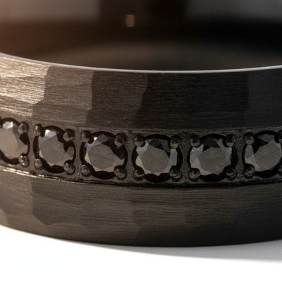 JUNCOS | Hand-Hammered Black Tungsten Black CZ Eternity Wedding Ring 8mm — cinematic product Reel