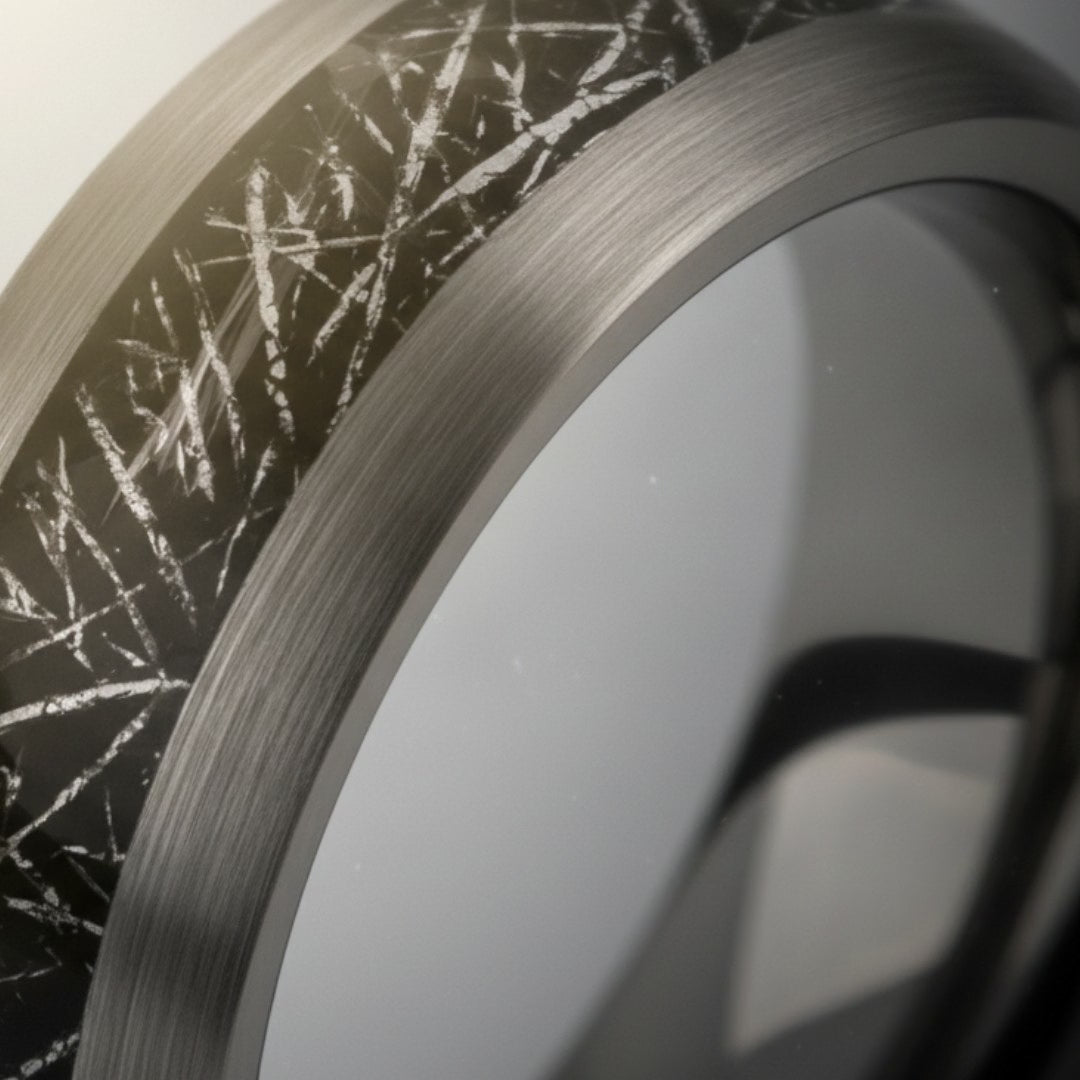 STARY | Silver Tungsten Meteorite Inlay Wedding Ring 8mm — cinematic product Reel