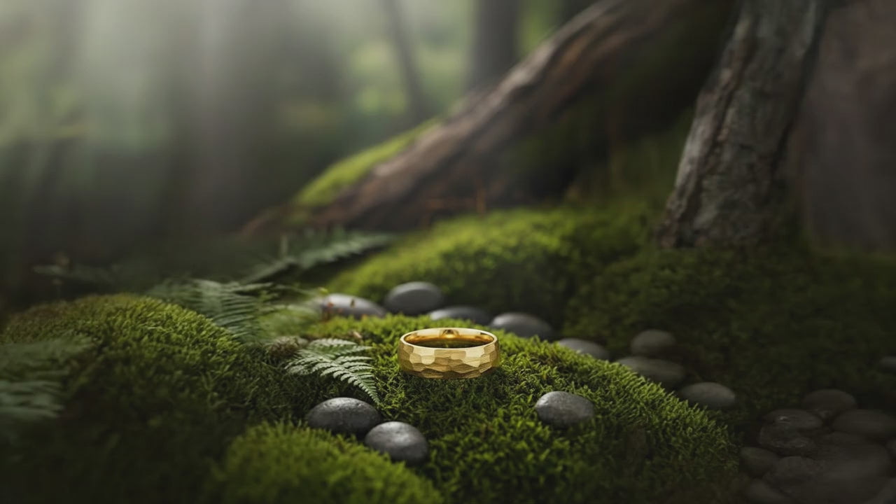 Aydins AURIGA | Gold Tungsten Hammered Ring cinematic showcase video, moss forest aesthetic, seamless loop