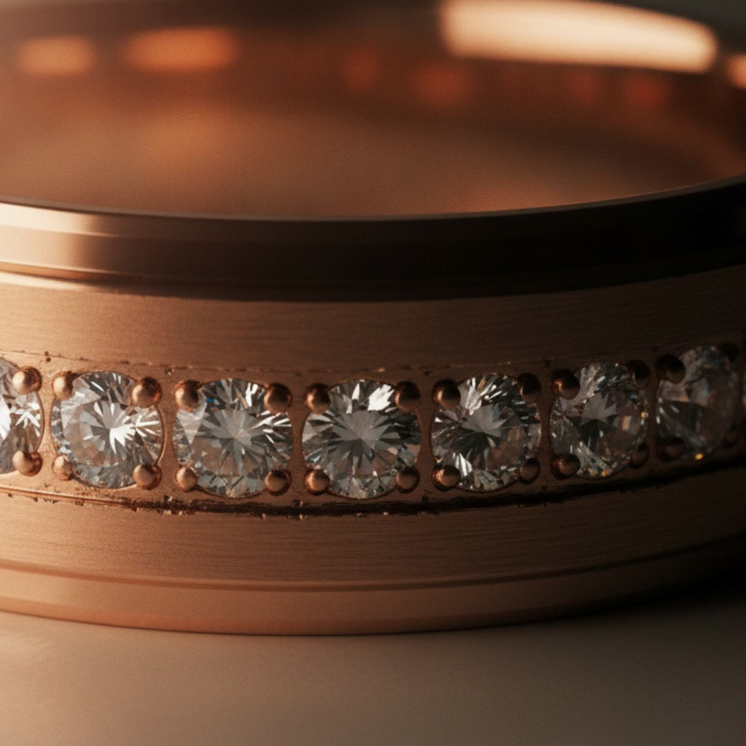 ENER | Polished Rose Gold Tungsten Round-Cut White CZ Wedding Ring 8mm — cinematic product Reel