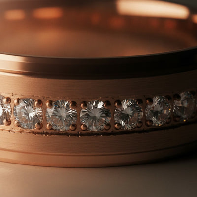 ENER | Polished Rose Gold Tungsten Round-Cut White CZ Wedding Ring 8mm — cinematic product Reel