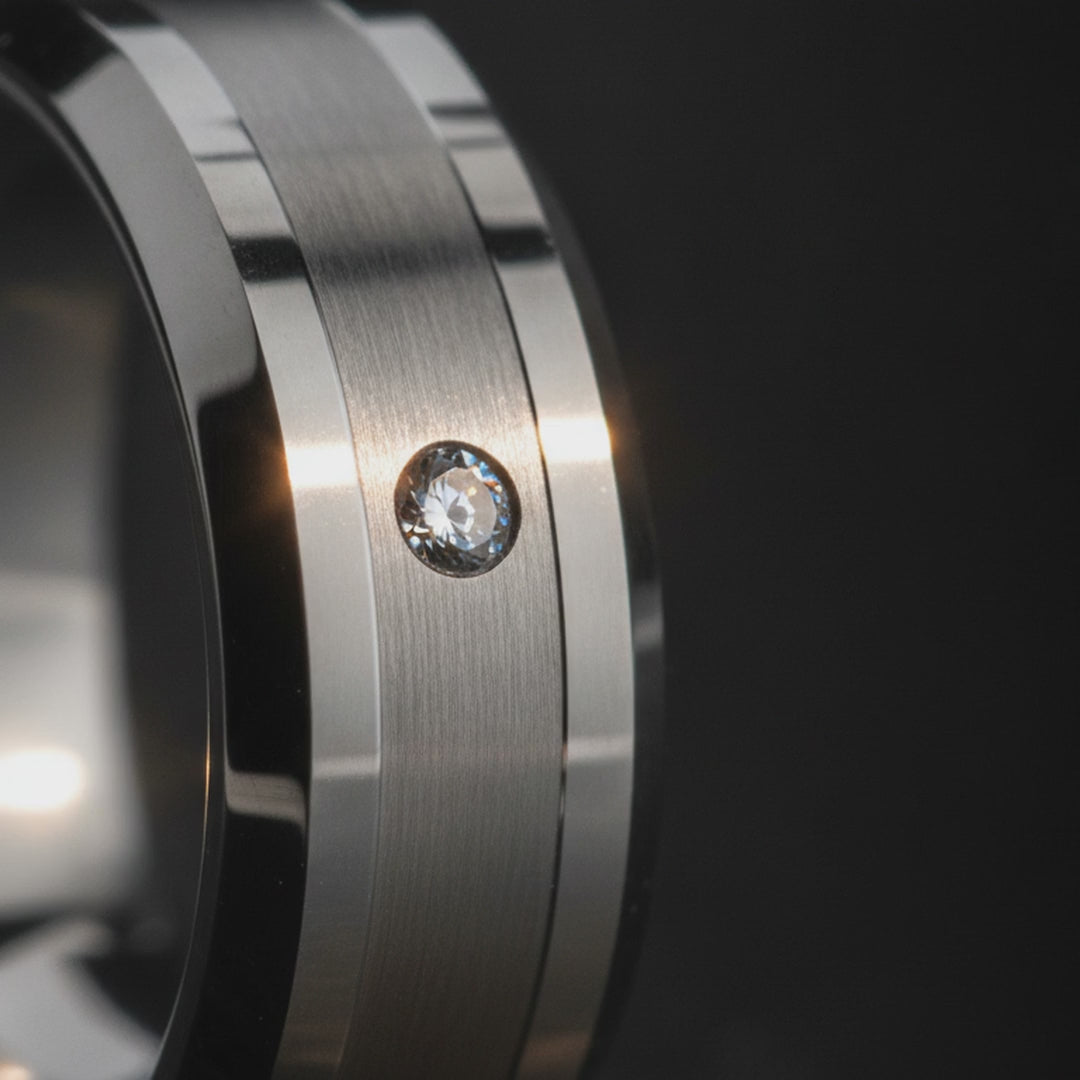 LAURENT | Platinum Inlaid Beveled Tungsten Ring with Diamond - 8mm — cinematic product Reel