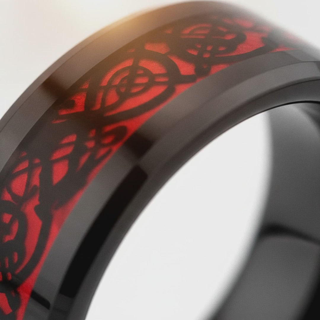 FIREFORGE | Polished Black Tungsten Red Celtic Dragon Beveled Wedding Ring — 8mm — cinematic product Reel