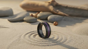 Aydins NIGHTSHADE | Black Ring, Black Tungsten Ring, Purple Groove, Stepped Edge cinematic showcase video, beach zen aesthetic, seamless loop