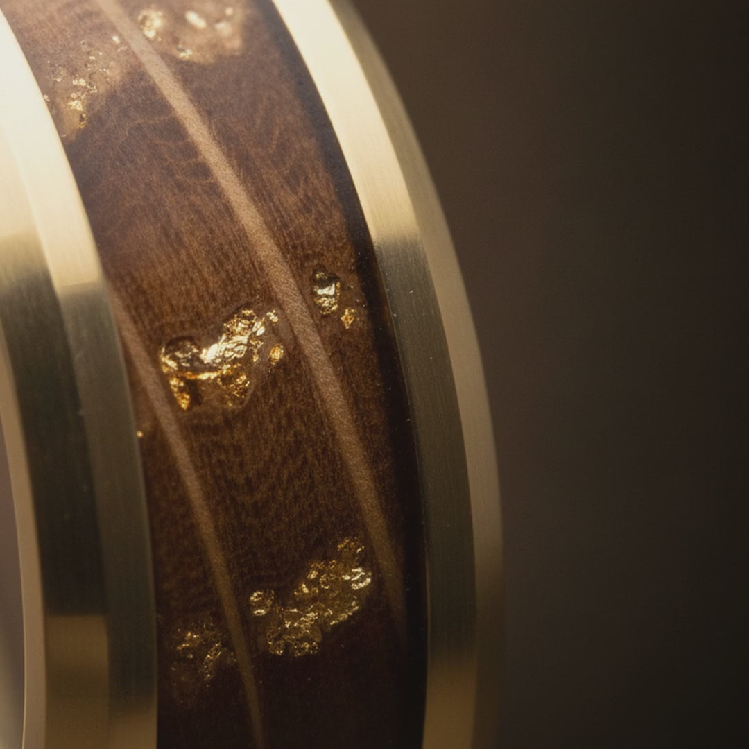 PROOF | Gold Tungsten Wedding Ring - Whiskey Barrel Wood Inlay, Polished Beveled Edges, 8mm — cinematic product Reel