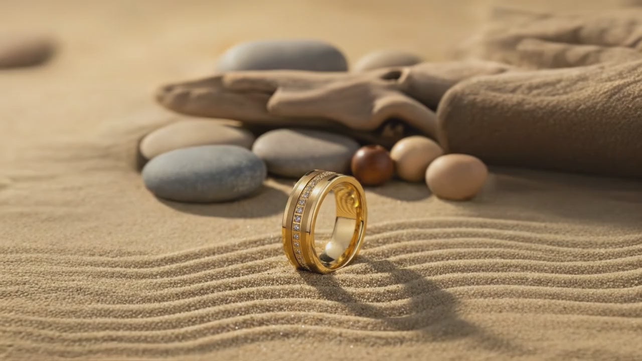 Aydins LEGEND | Gold Tungsten CZ Eternity Wedding Ring — 8mm cinematic showcase video, beach zen aesthetic, seamless loop