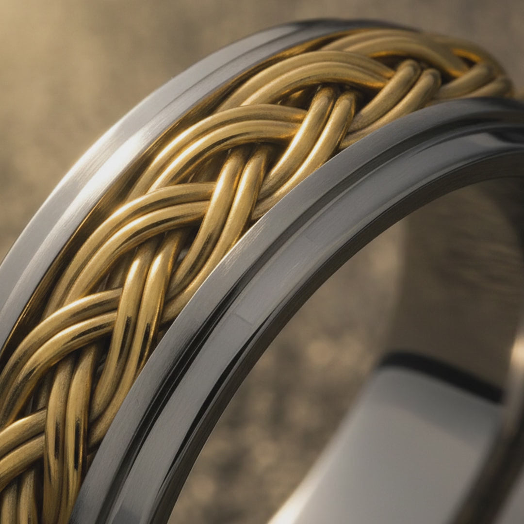 VIPER | Silver Tungsten Ring, Gold Braid, Domed — cinematic product Reel
