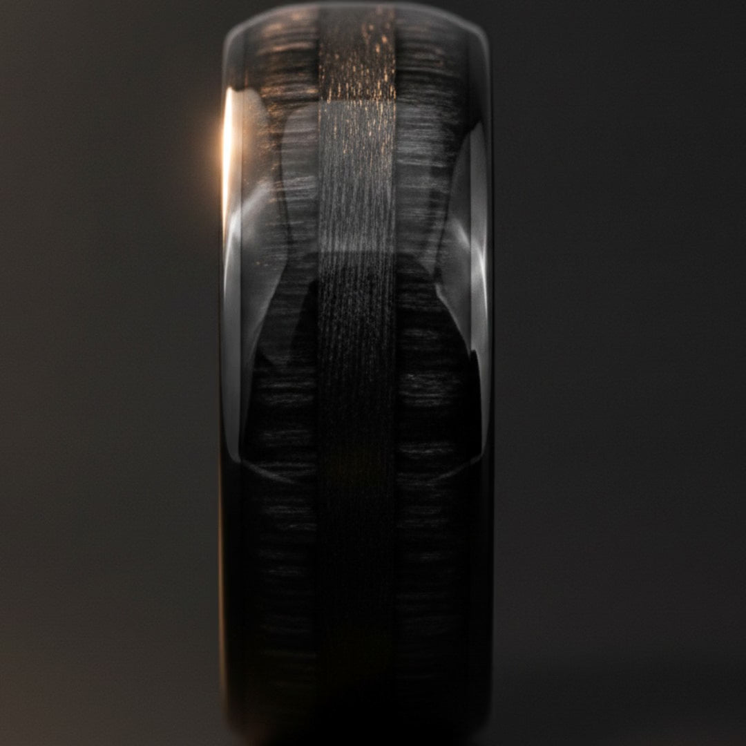 LUQUE | Tungsten Wood Grain Inlay Ring 8mm — cinematic product Reel