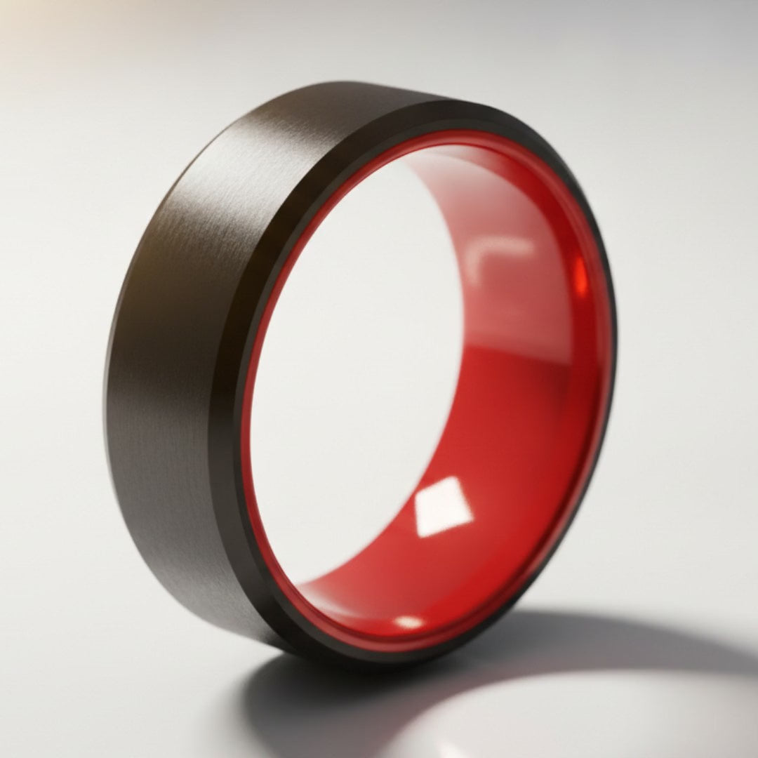 NEWT | Red Ring, Black Tungsten Ring, Brushed, Beveled cinematic product Reel