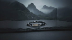 Aydins High Polished Stainless Steel Fingerprint Mens Bracelet cinematic showcase video, slate stone mountain aesthetic, seamless loop