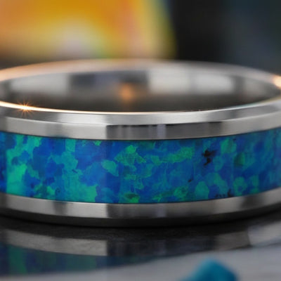 QUASAR | Tungsten Carbide Ring, Blue Green Opal Inlay — cinematic product Reel
