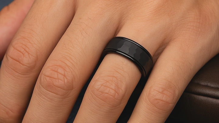 Close-up of offset groove and polished beveled edge on JOINER ring On Hand Ring Finger Video