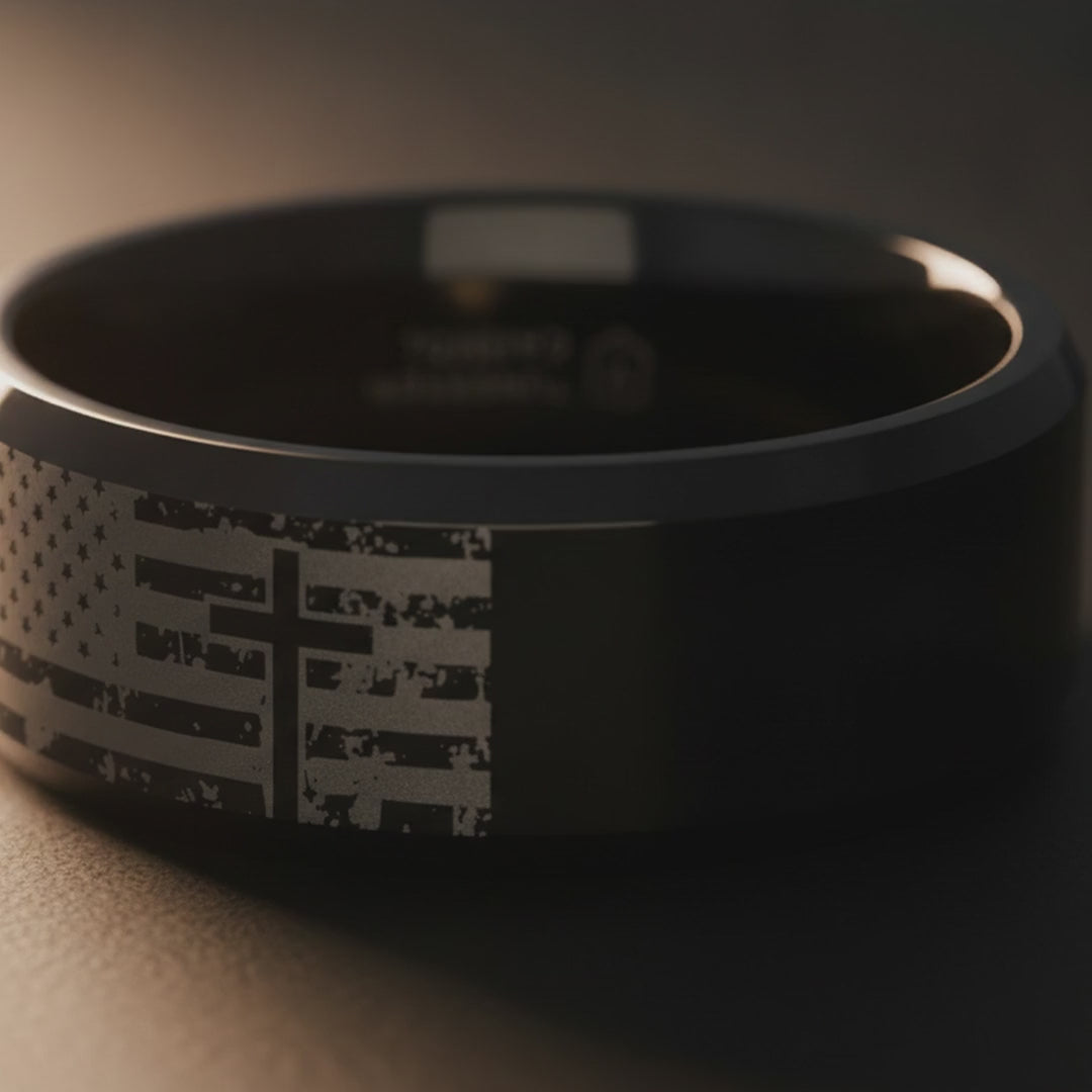 AMERICAN FLAG & CROSS | Engraved Black Tungsten Band, Beveled — cinematic product Reel