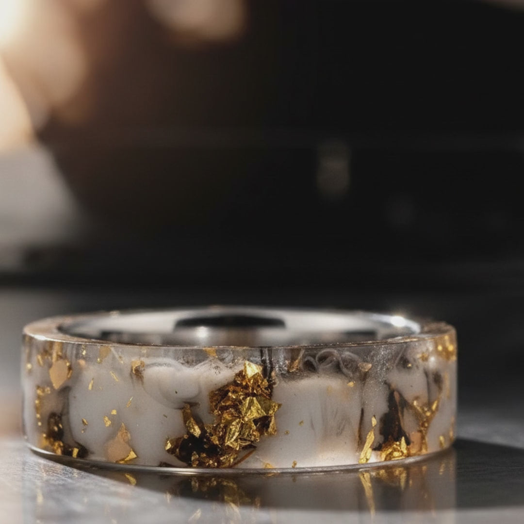 AURIC | Silver Tungsten Ring White Black, Gold Foil Resin Inlay, 8mm — cinematic product Reel