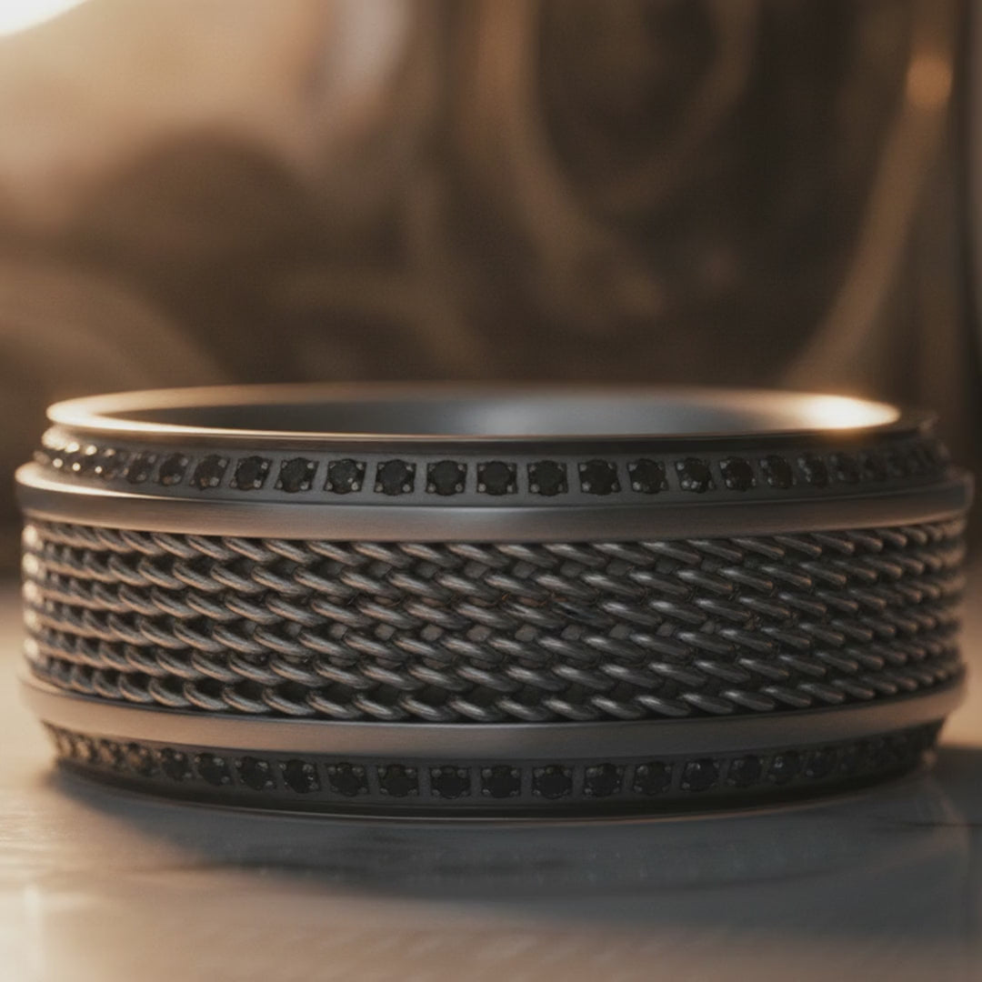 GAUNTLET | Titanium Wedding Band – Steel Chain Design & Black Diamonds — cinematic product Reel
