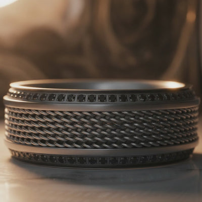 GAUNTLET | Titanium Wedding Band – Steel Chain Design & Black Diamonds — cinematic product Reel