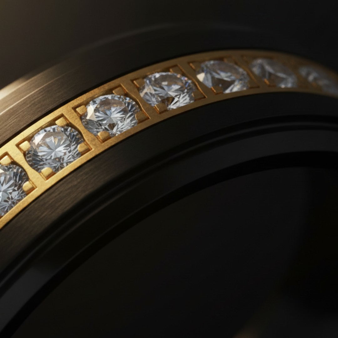 LUSTRE | Polished Black Tungsten Gold Center White CZ Beveled Wedding Ring 8mm — cinematic product Reel