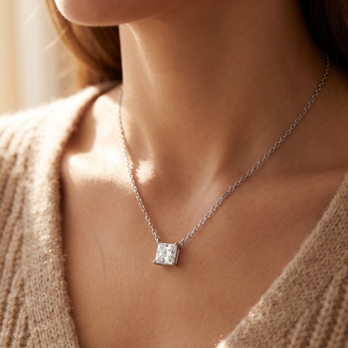 Princess Cut Diamond Pendant Necklace, silver, lab grown diamonds, worn on a model