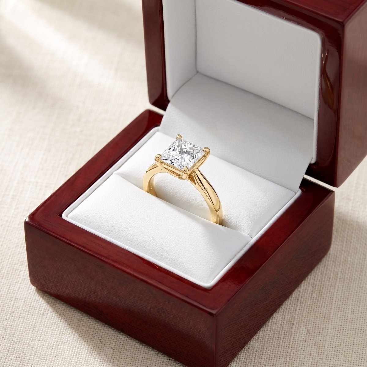 Princess lab-grown diamond solitaire engagement ring, Yellow Gold, in cherry-wood ring box