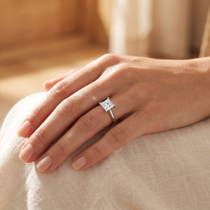 Princess lab-grown diamond solitaire engagement ring, White Gold, lifestyle photograph