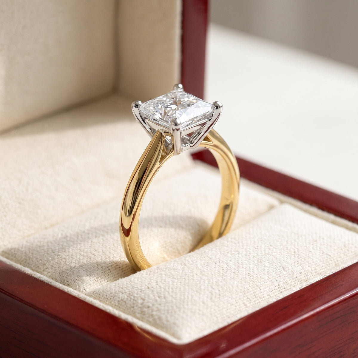 PAIGE princess lab-grown diamond ring in 10K two-tone gold, in cherry-wood box, approx. 1 ct center