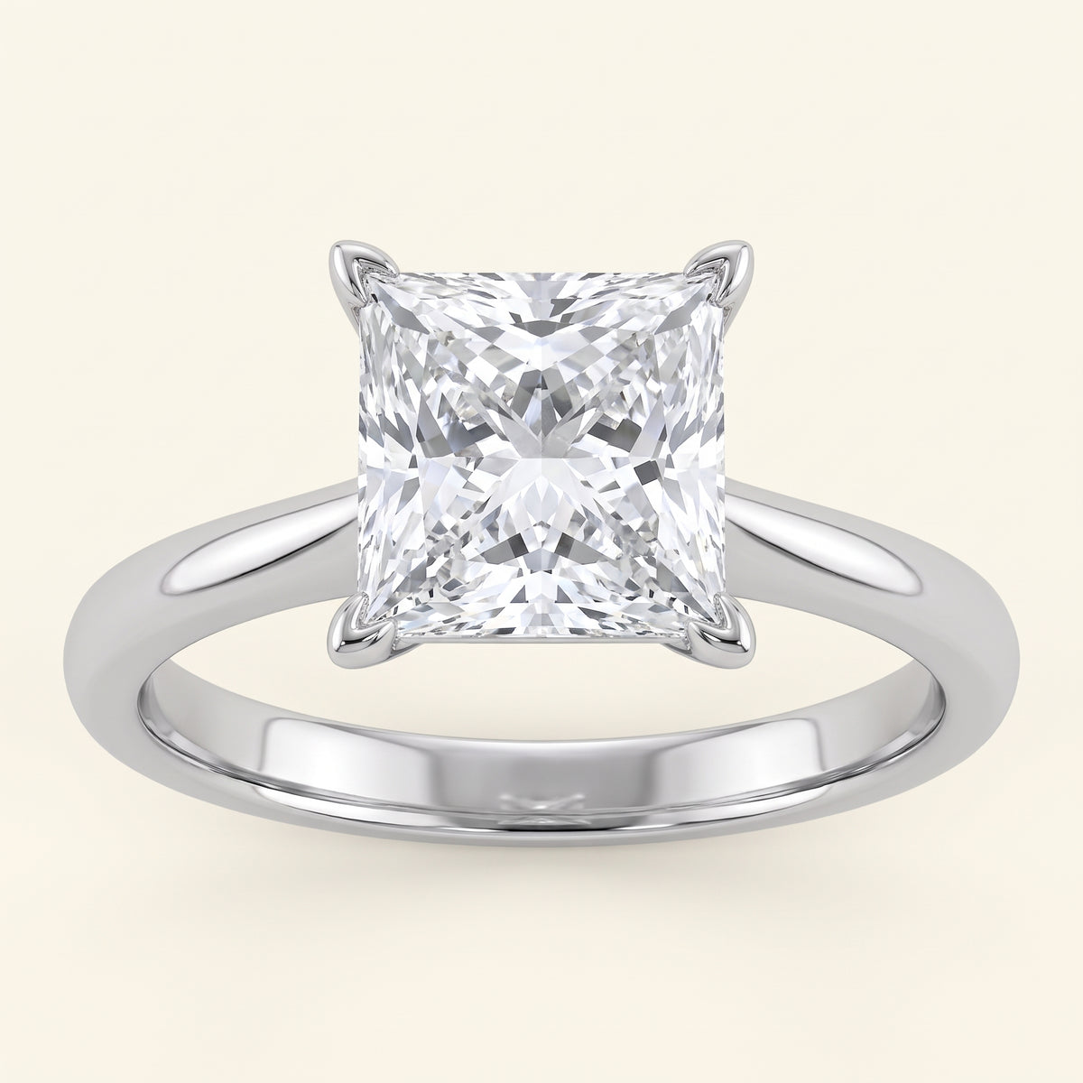 Princess lab-grown diamond solitaire engagement ring, White Gold, face-on detail macro