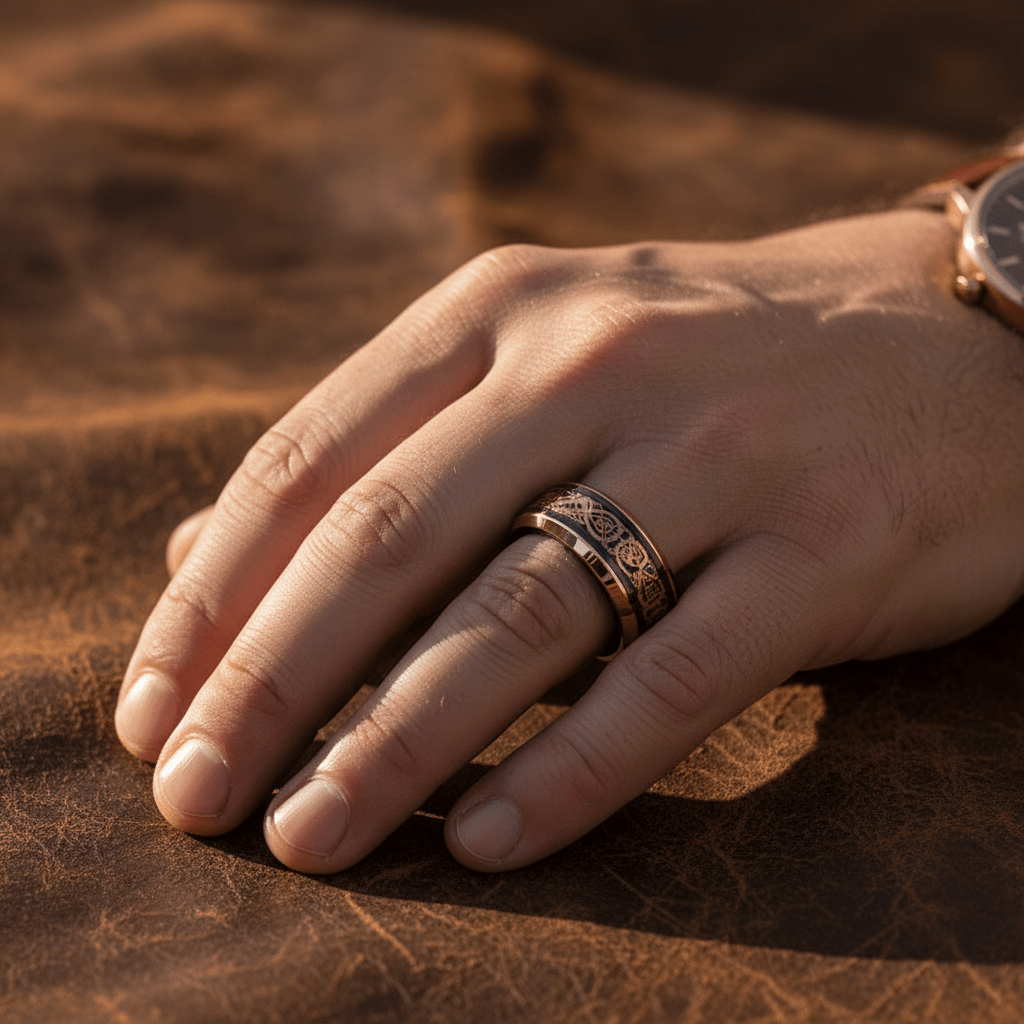 PROTO — Lifestyle photo on hand — men's tungsten wedding ring.