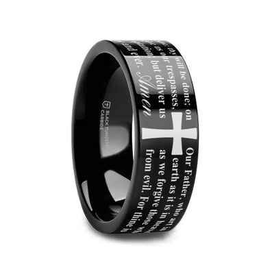 PSALM black tungsten ring with Lord's Prayer text laser-engraved around the band – Aydins Jewelry