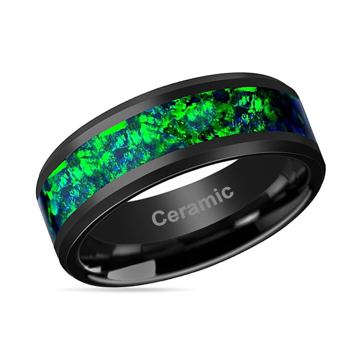 PULSAR | Black Ceramic Ring, Emerald Green & Sapphire Blue Opal Inlay, Beveled - Rings - Aydins Jewelry - 2