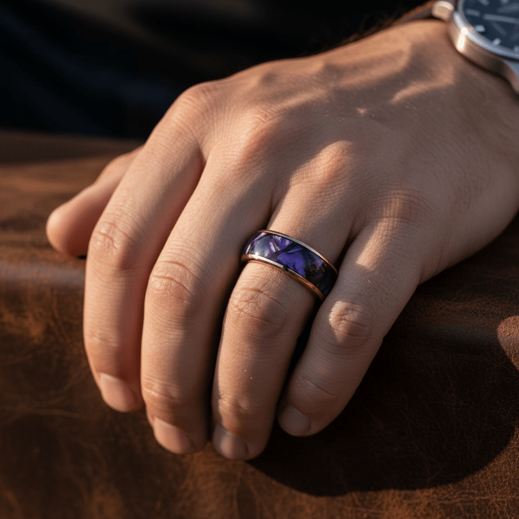 PURPLENA — Lifestyle photo on hand — men's tungsten wedding ring.