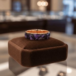 PURPLENA — Premium boutique display on velvet — men's tungsten wedding ring.