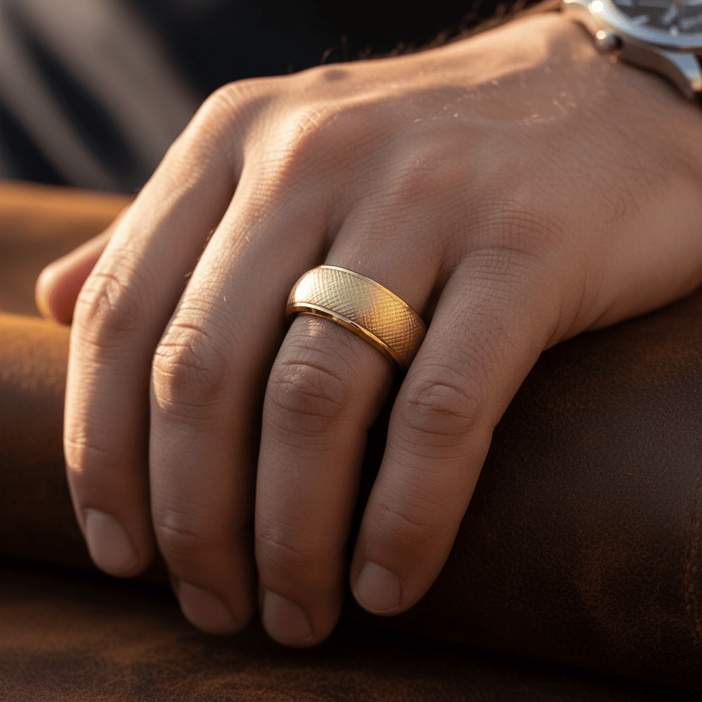 PYXIS — Lifestyle photo on hand — men's tungsten wedding ring.