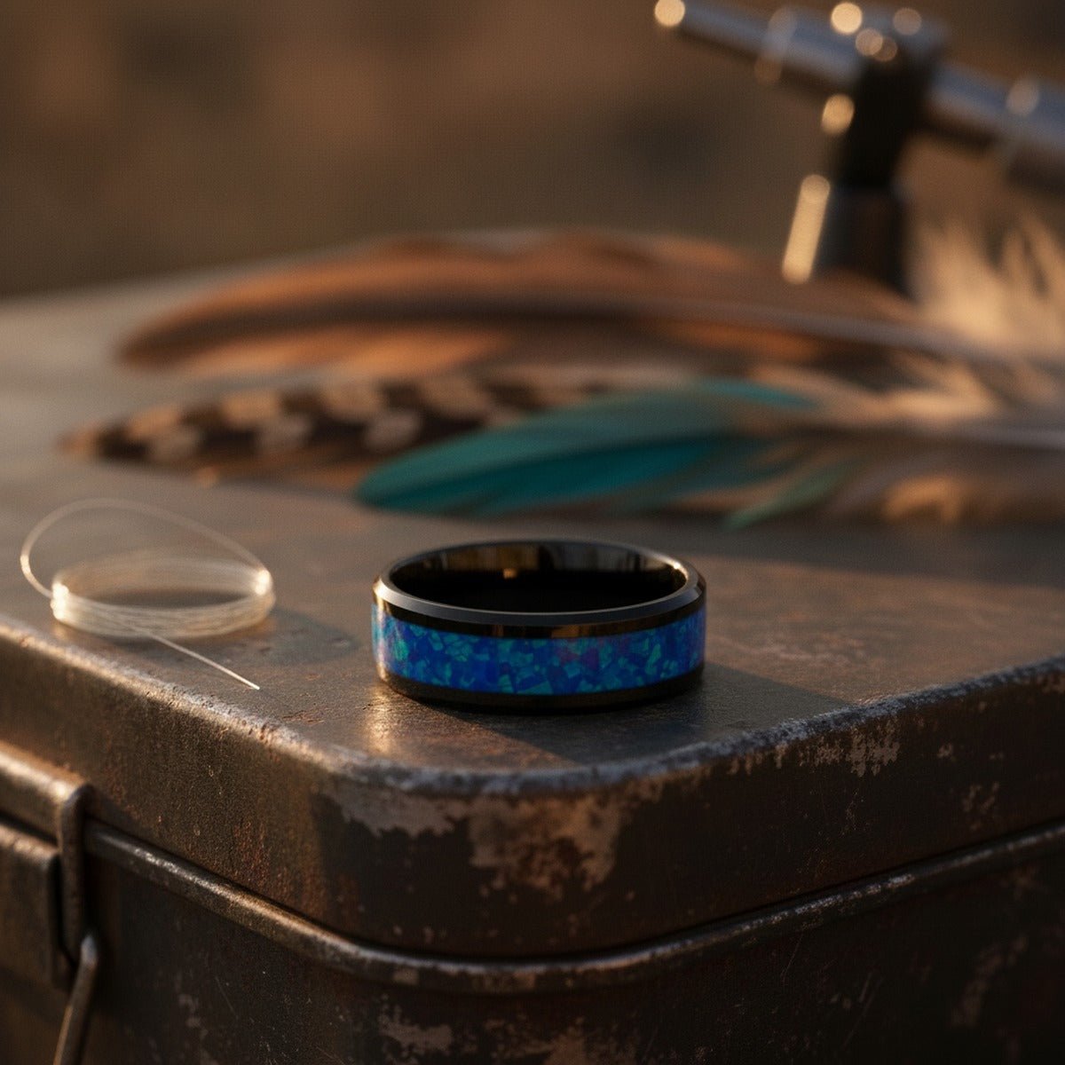 Aydins QUANTUM | Black Ceramic Ring, Opal Inlay lifestyle scene, fly fishing dock