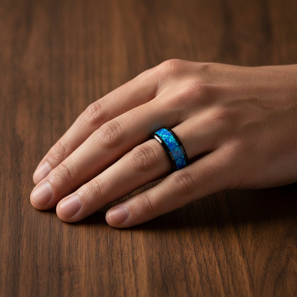 QUANTUM black ceramic wedding band with blue and green opal inlay running around the band and polished beveled edges worn on man's hand resting on walnut wood, lifestyle photo