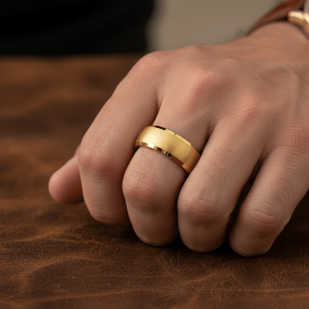 RADIANCE — Lifestyle photo on hand — men's tungsten wedding ring.