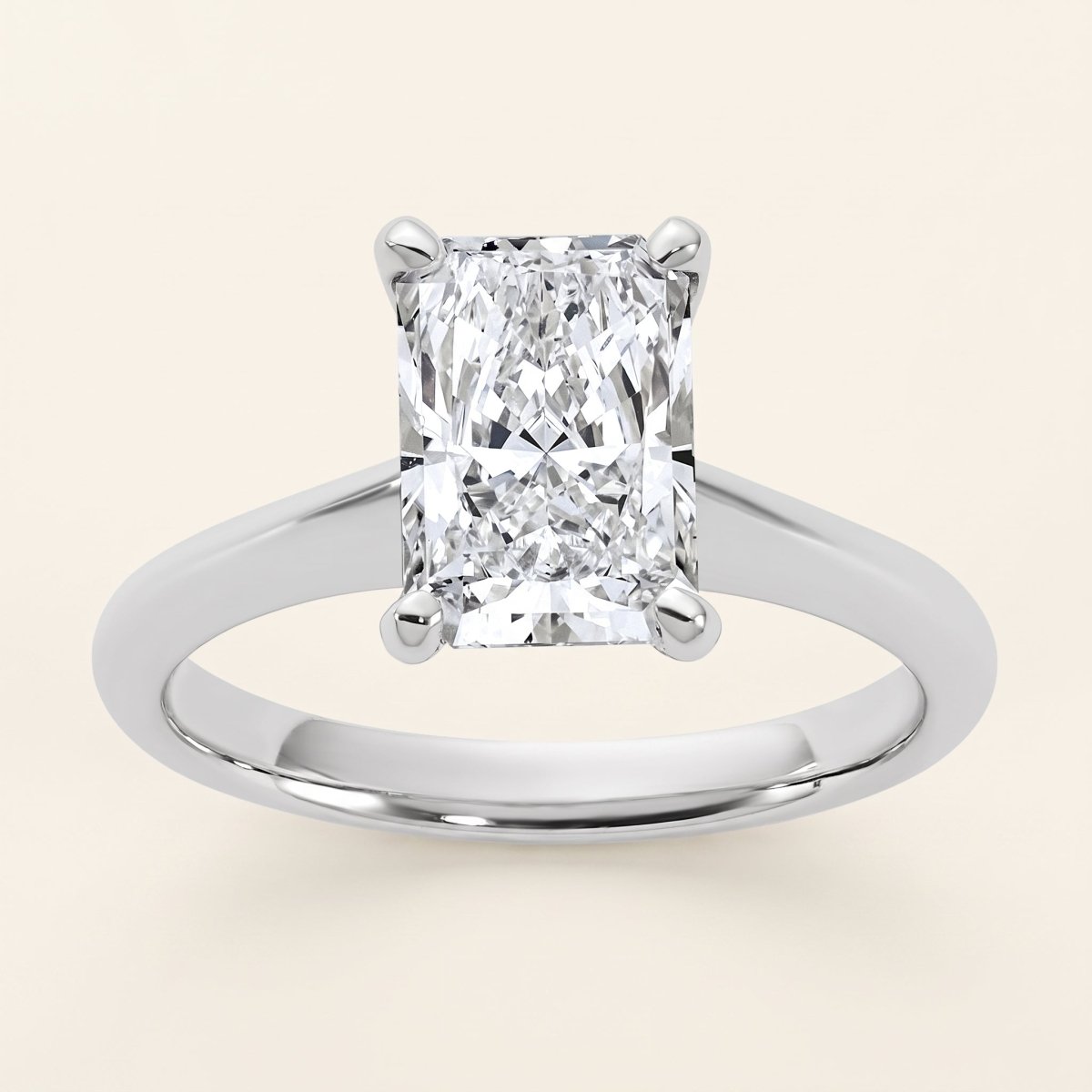 Radiant lab-grown diamond solitaire engagement ring, White Gold, face-on detail macro