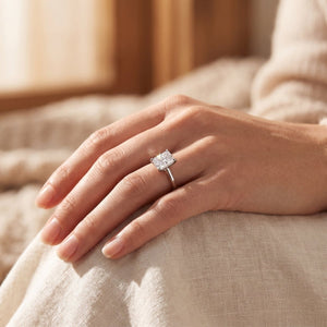 Radiant lab-grown diamond solitaire engagement ring, White Gold, lifestyle photograph